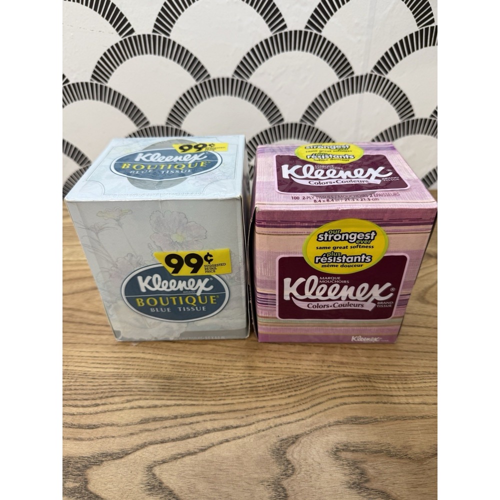 2x 1980s Vtg Kleenex Boutique Blue & Colors Pink Facial Tissues 100ct Cube PROP